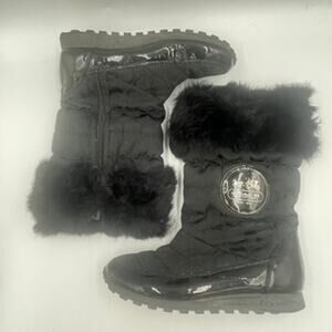 Coach Joyous A7303 Black Signature Logo Mid-Calf Snow Zip Boots 6 Fur Trim